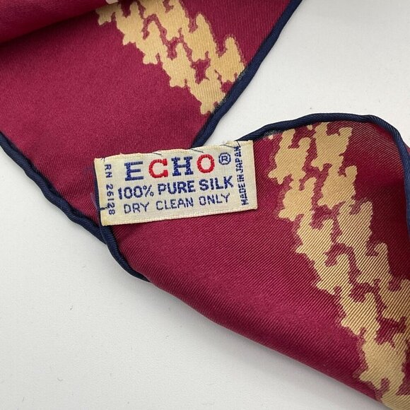 Echo 100% Pure Silk Scarf With Navy Houndstooth & Burgundy & Gold Stripes Design - Picture 3 of 5
